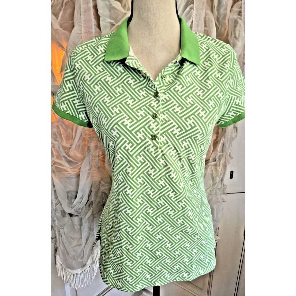 Talbots Polo Shirt Green White Geometric Short Sleeve Women M Cotton Stretchy
